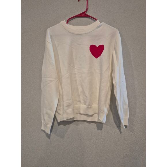 Just Fab Women's Size Small Heart Graphic Knit Sweater White Pink - Picture 1 of 5